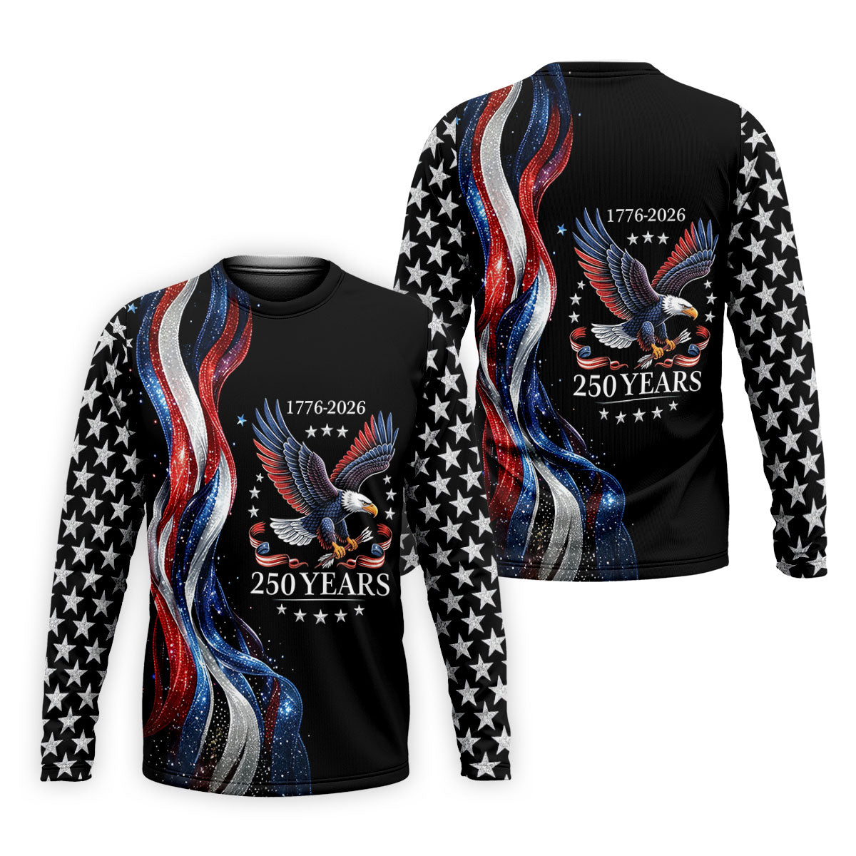 Bald Eagle Red White Blue Wavy Stripes Patriotic Golf Shirt, 250 Years 4th Of July Golf Shirts For Men