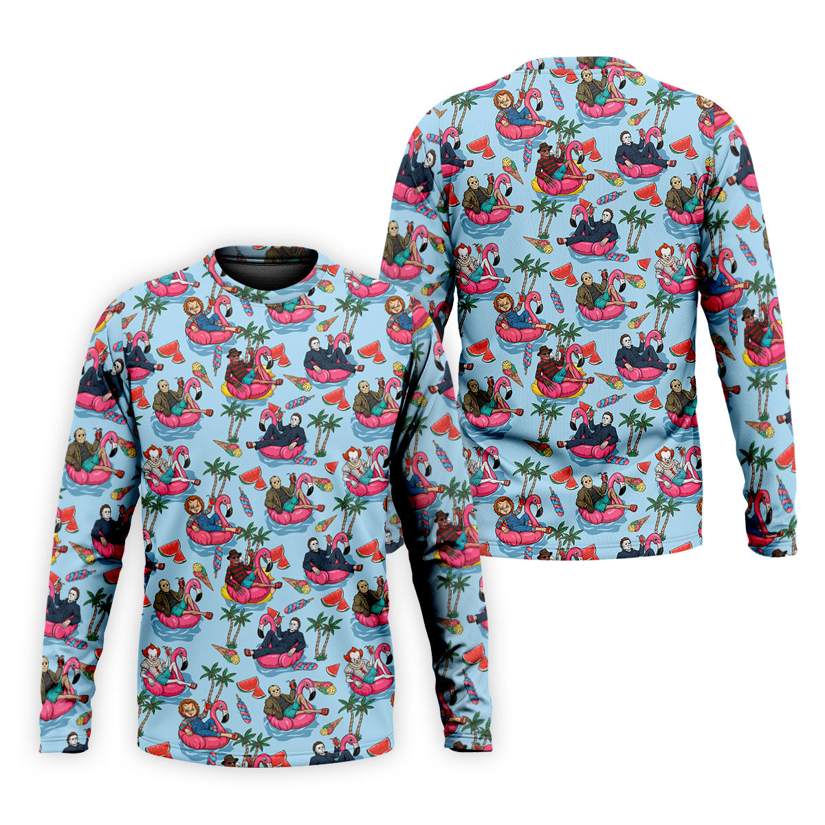 Retro Horror Character Villains Floating On Flamingo Pool Floats Golf Polo Shirt, Mens Golf Polo, Printed Golf Shirts