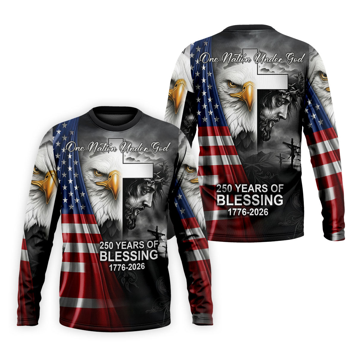One Nation Under God 250 Years Of Blessing Faith Cross US Flag Golf Shirt, 4th Of July Golf Shirts For Men