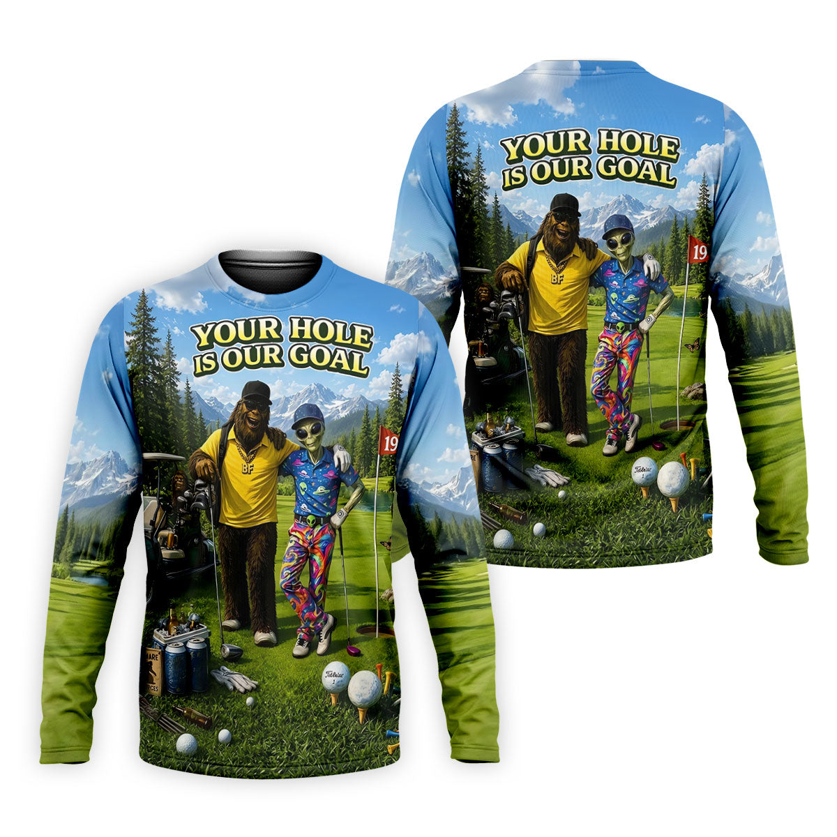 Your Hole Is Our Goal Funny Bigfoot Alien Golf Polo Shirt, Mens Golf Apparel, Golf Shirt