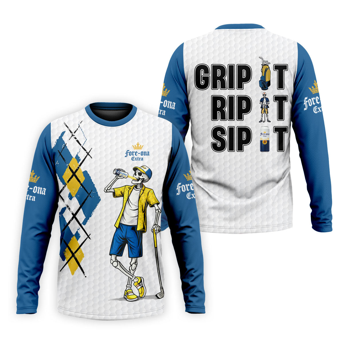 Blue Yellow Skeleton Golfer Beer Polo Shirt, Mens Golf Polo, Golf Apparel For Men