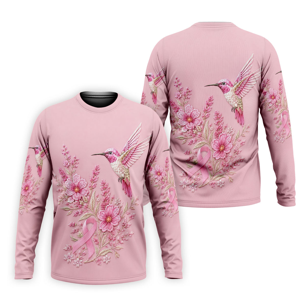 Hummingbird Floral Breast Cancer Ribbon Polo Shirt, Mens Golf Polo, Golf Apparel For Men