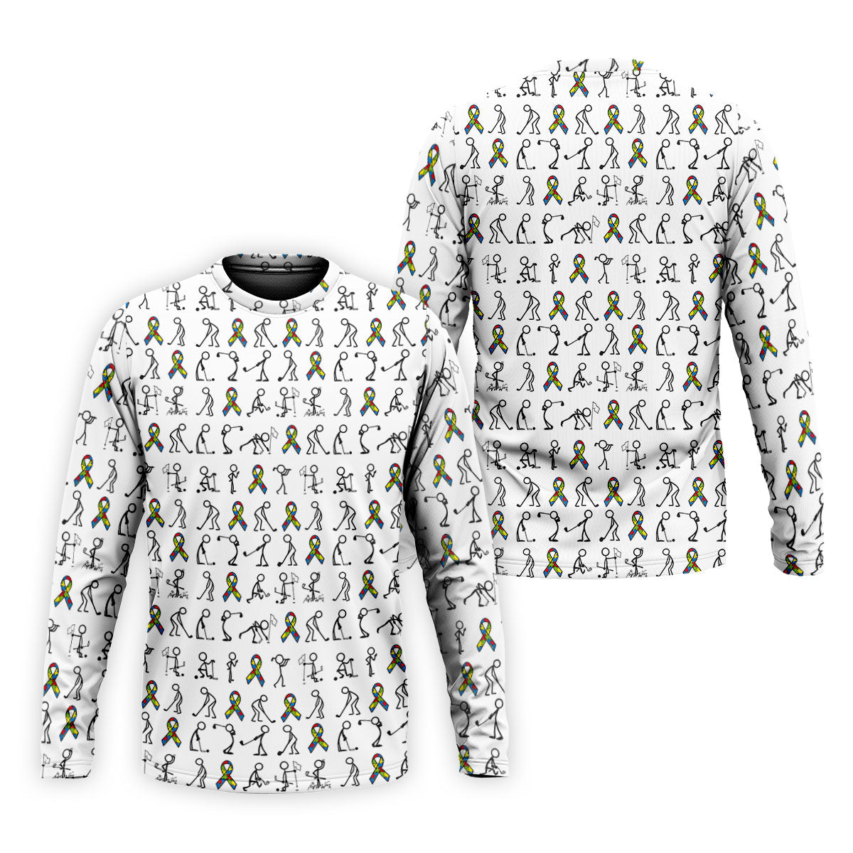 Stick Figure Golf Pose Autism Ribbon White Golf Shirt, Autism Awareness Colors Golf Shirts For Men