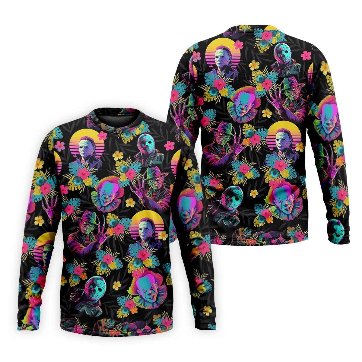 Neon Floral Halloween Horror Character Hawaiian Golf Shirt, Men's Golf Shirt, Mens Golf Polo