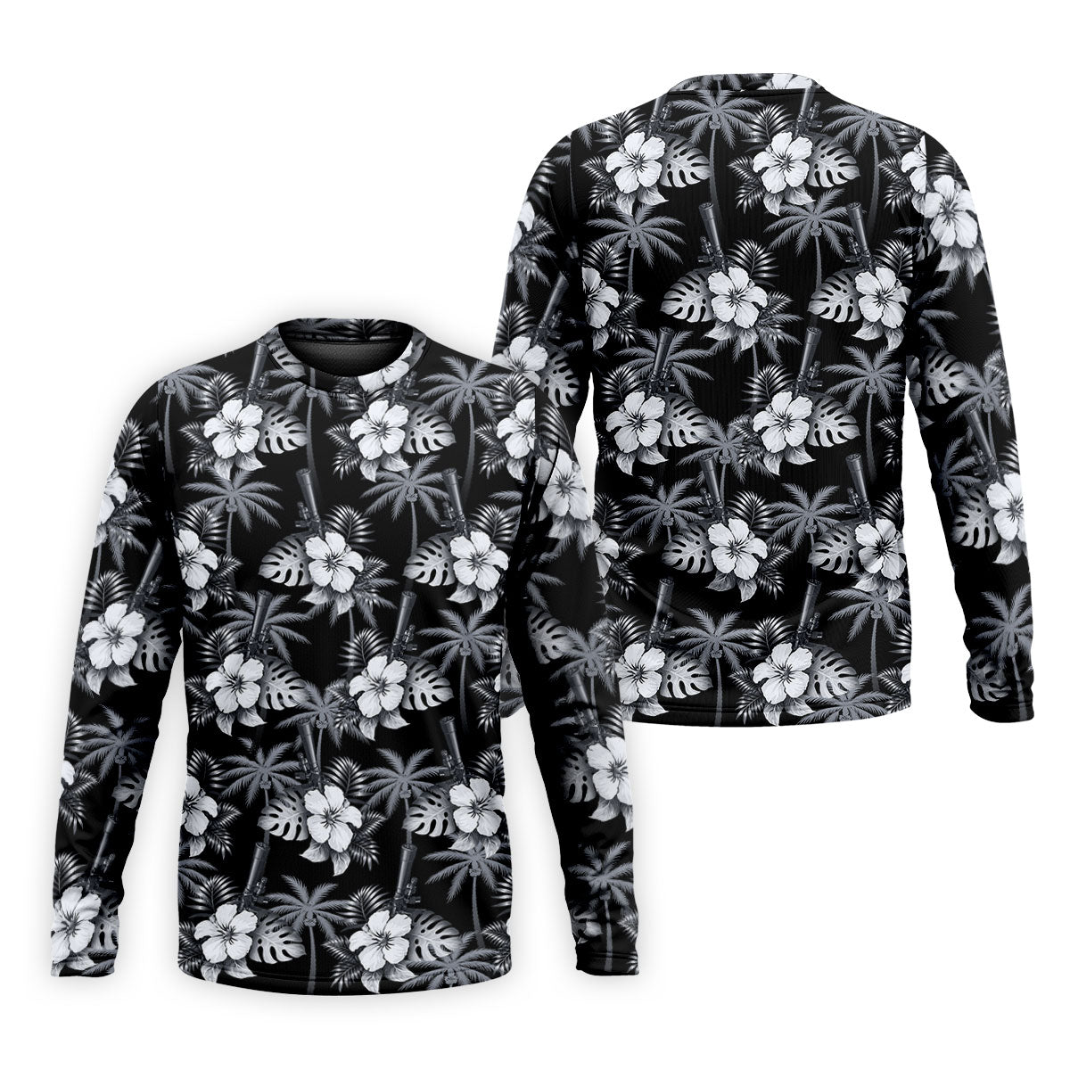 White Hibicus Black Hawaiian Golf Shirt, Tropical Summer Theme Golf Shirts For Men