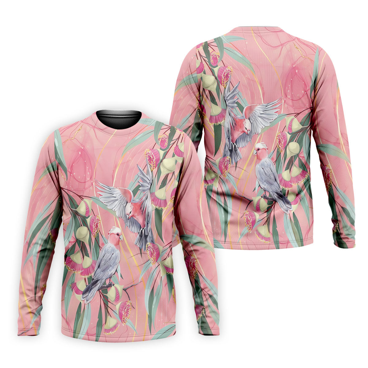 Pink Cockatoo Eucalyptus Floral Polo Shirt, Hawaiian Golf Shirt, Golf Shirts For Men