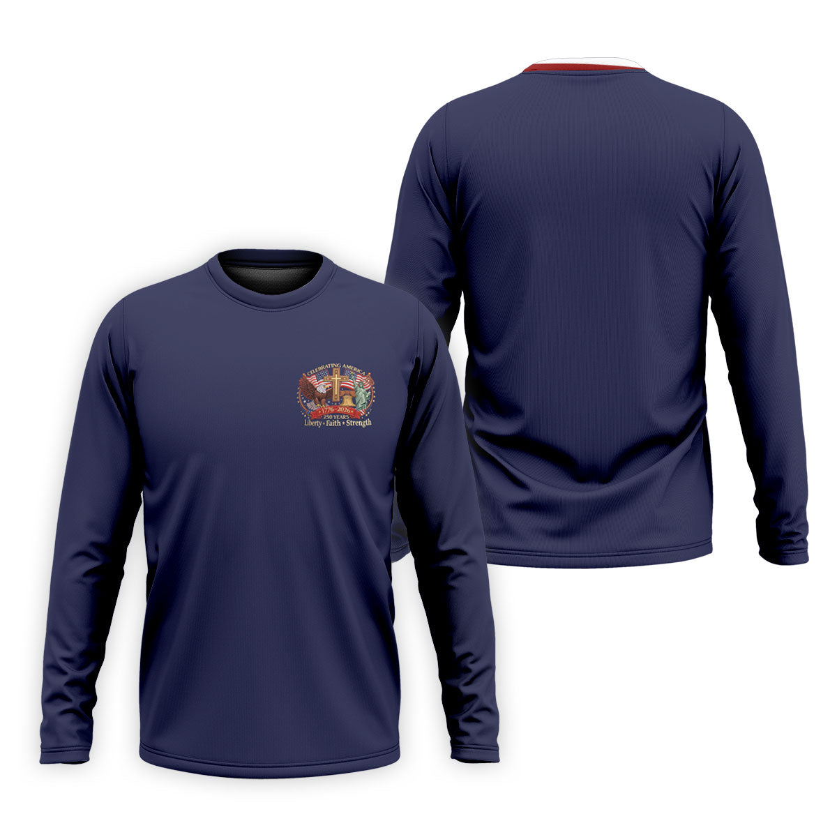 Liberty Faith Strength Faith Cross USA 250 Navy Golf Shirt, 4th Of July Golf Shirts For Men