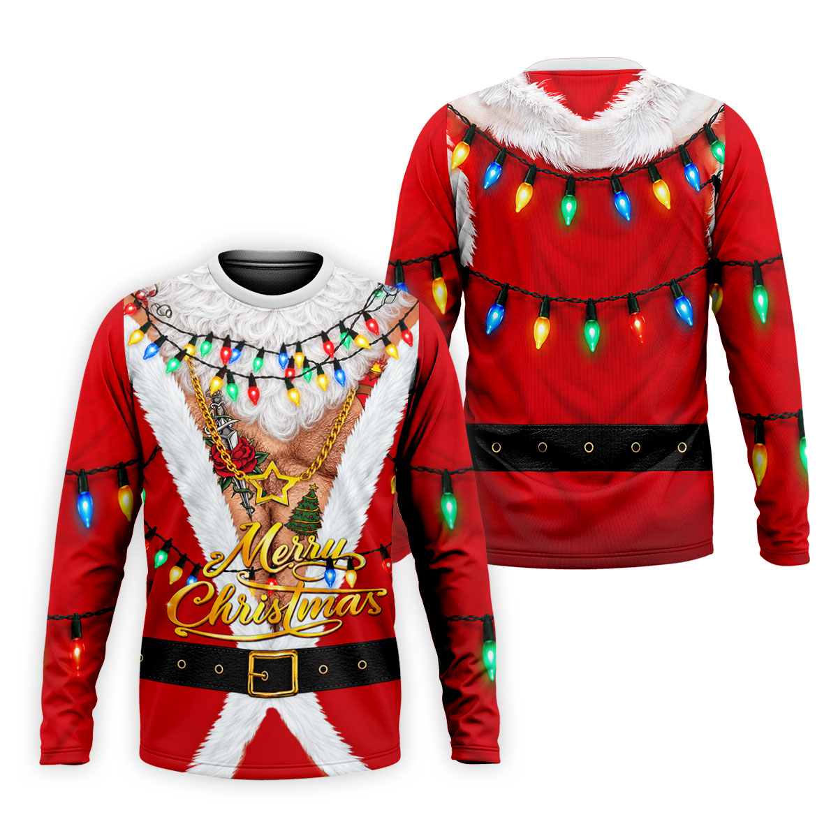 Merry Christmas Santa Lights Gold Chain Polo Shirt, Mens Golf Polo, Golf Shirts For Men