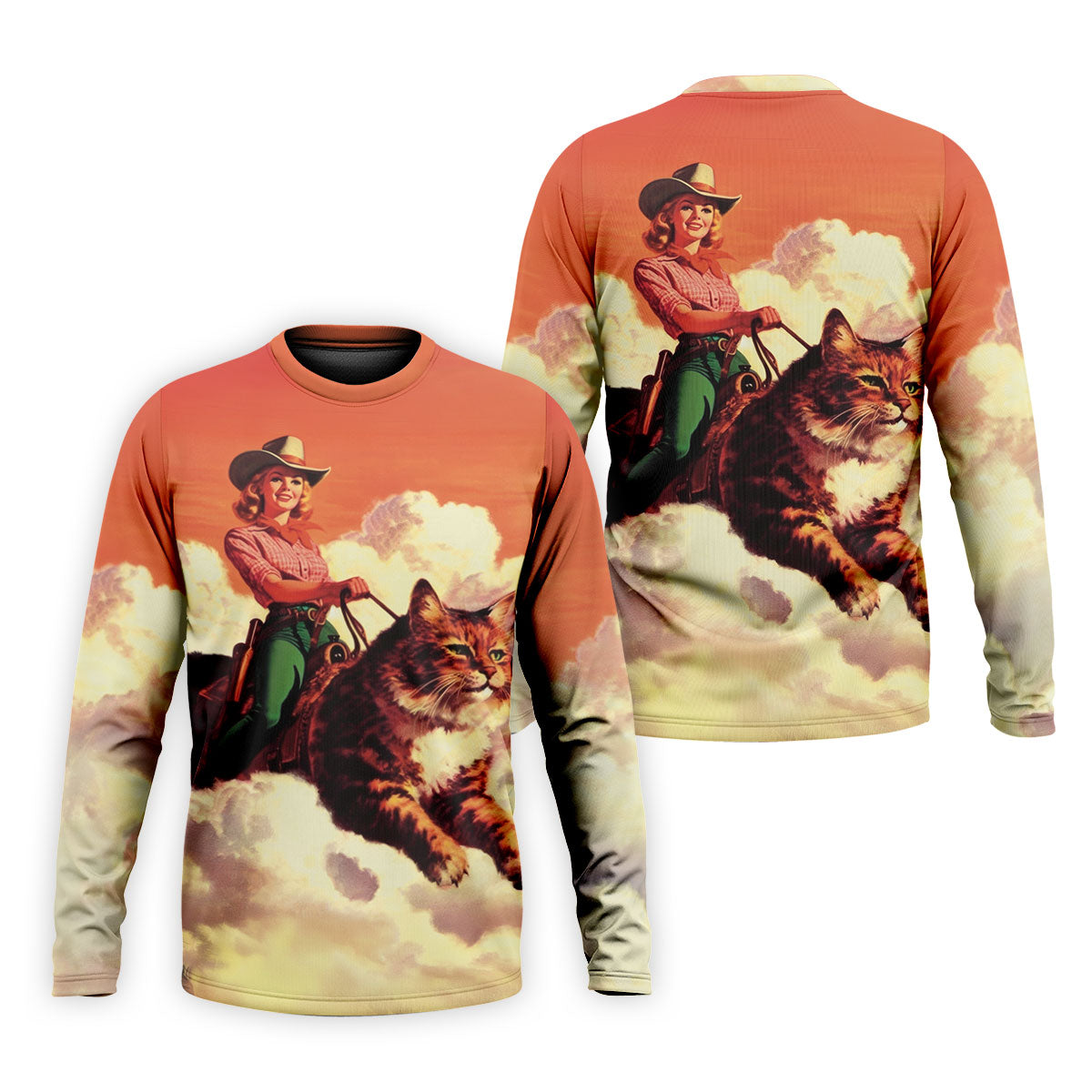 Orange Vintage Cowgirl Riding Giant Cat Golf Polo Shirt, Golf Shirts For Men, Hawaiian Golf Shirt