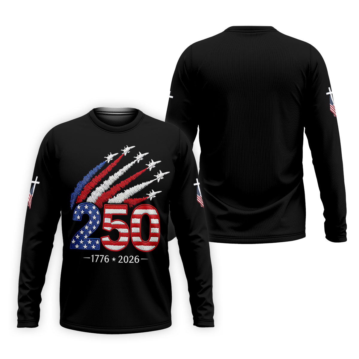 Flying Fighter Jets Faith Cross Patriotic 4th Of July Black Golf Shirt, 250 Years Golf Shirts For Men