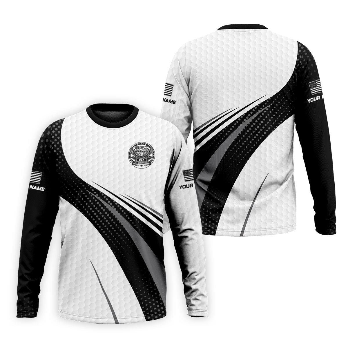USA 250th Anniversary Black And White Golf Ball Pattern Golf Tops For Men, Patriotic Golf Shirts For Men