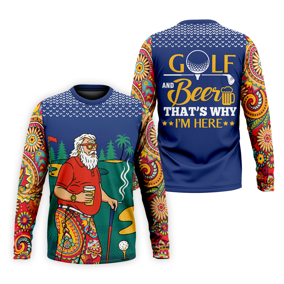 Funny Bearded Golfer With Beer And Paisley Sleeves Golf Polo, Golf Shirts For Men, Hawaiian Golf Shirt