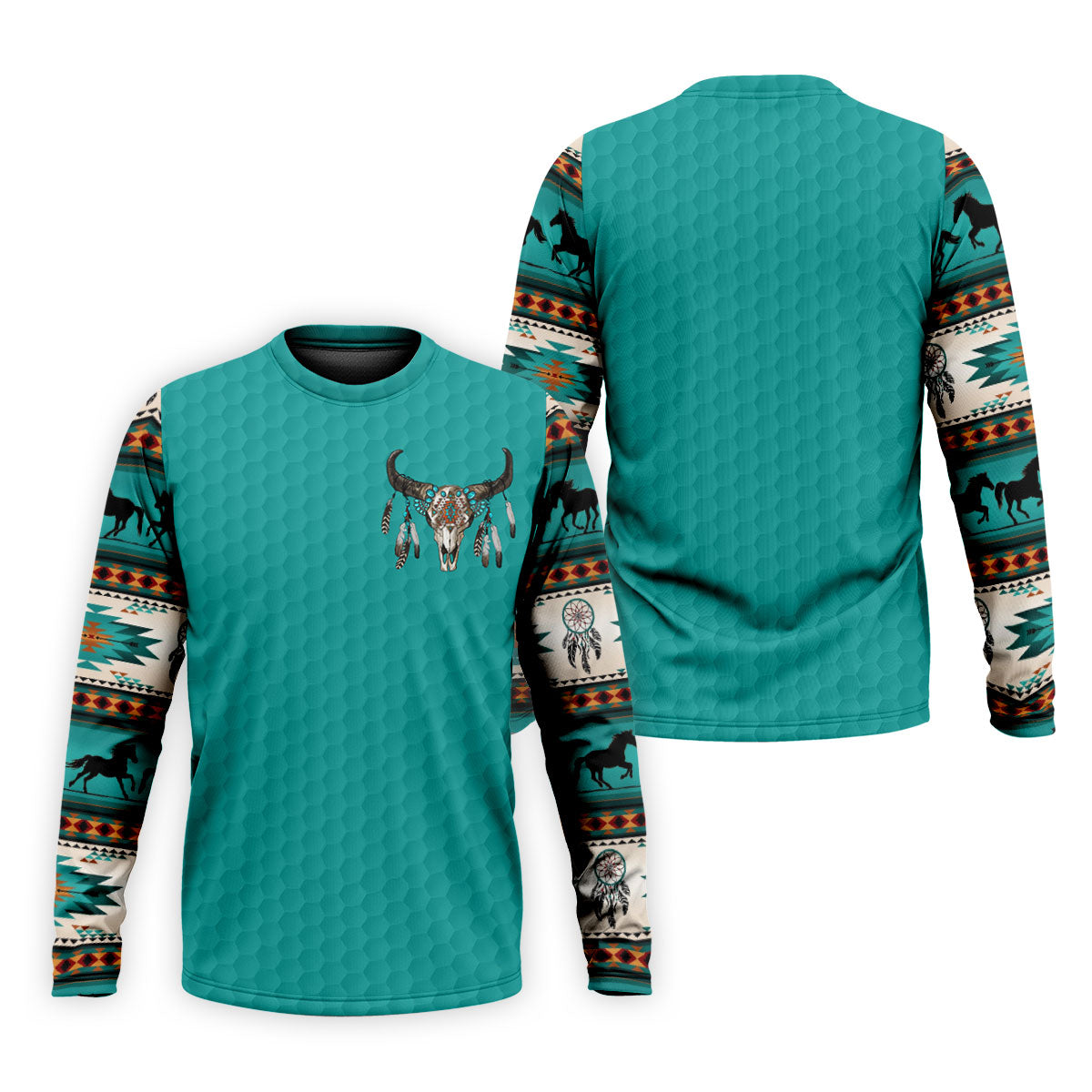 Turquoise Southwestern Bull Skull Golf Polo Shirt, Printed Golf Shirts, Golf Shirts For Men
