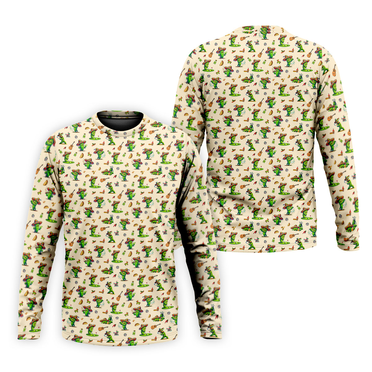 Cartoon Mustach Funny Cactus Cinco De Mayo Celebration Fiesta Themed Beige Golf Shirts For Men