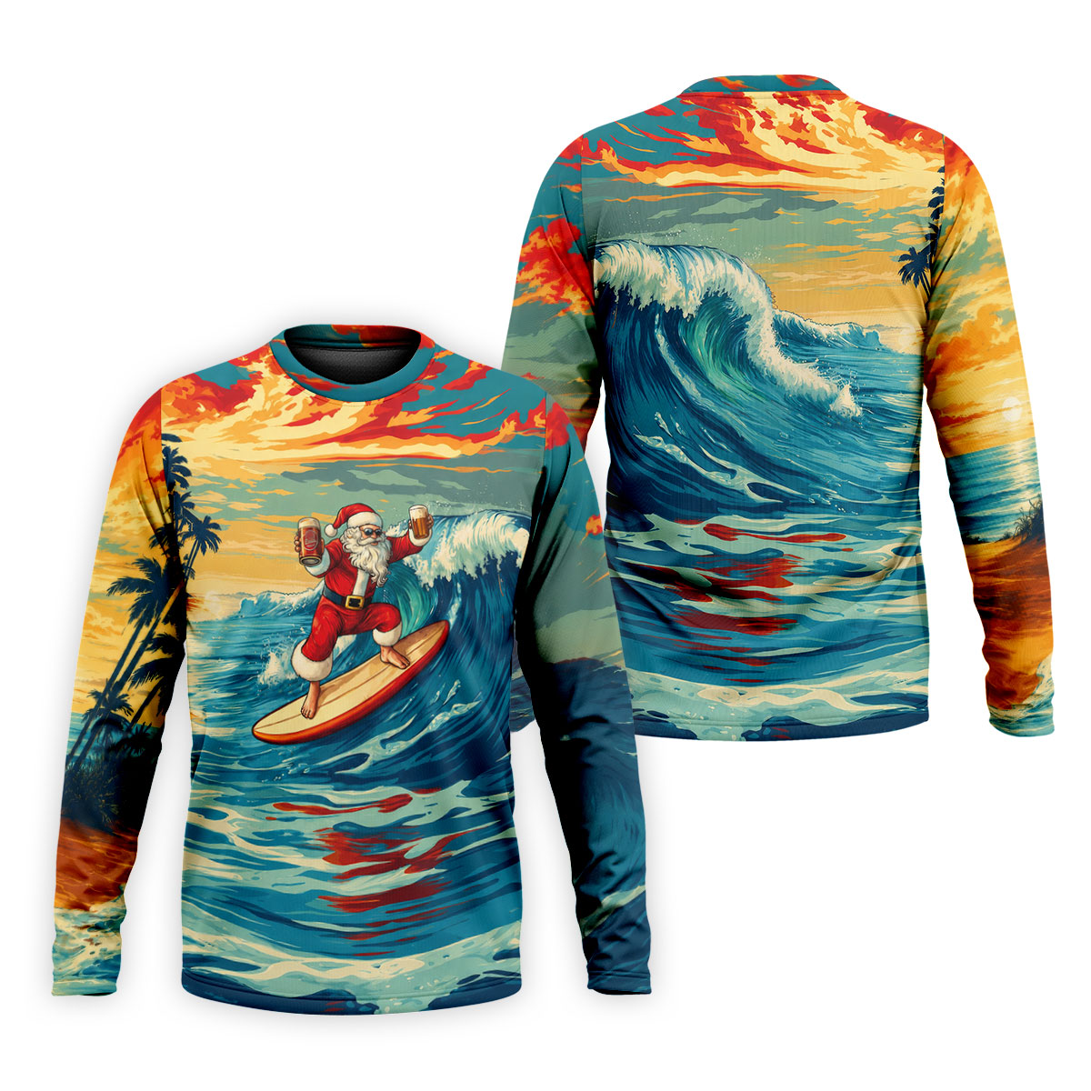 Tropical Surfing Santa Sunset Christmas Golf Shirt, Men's Golf Shirt, Hawaiian Golf Shirt
