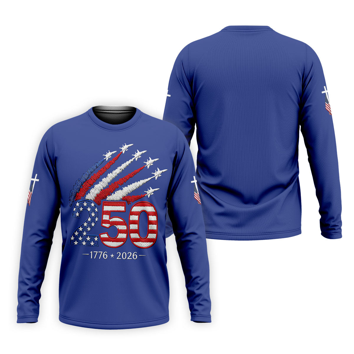 Flying Fighter Jets Faith Cross Patriotic 4th Of July Blue Golf Shirt, 250 Years Golf Shirts For Men