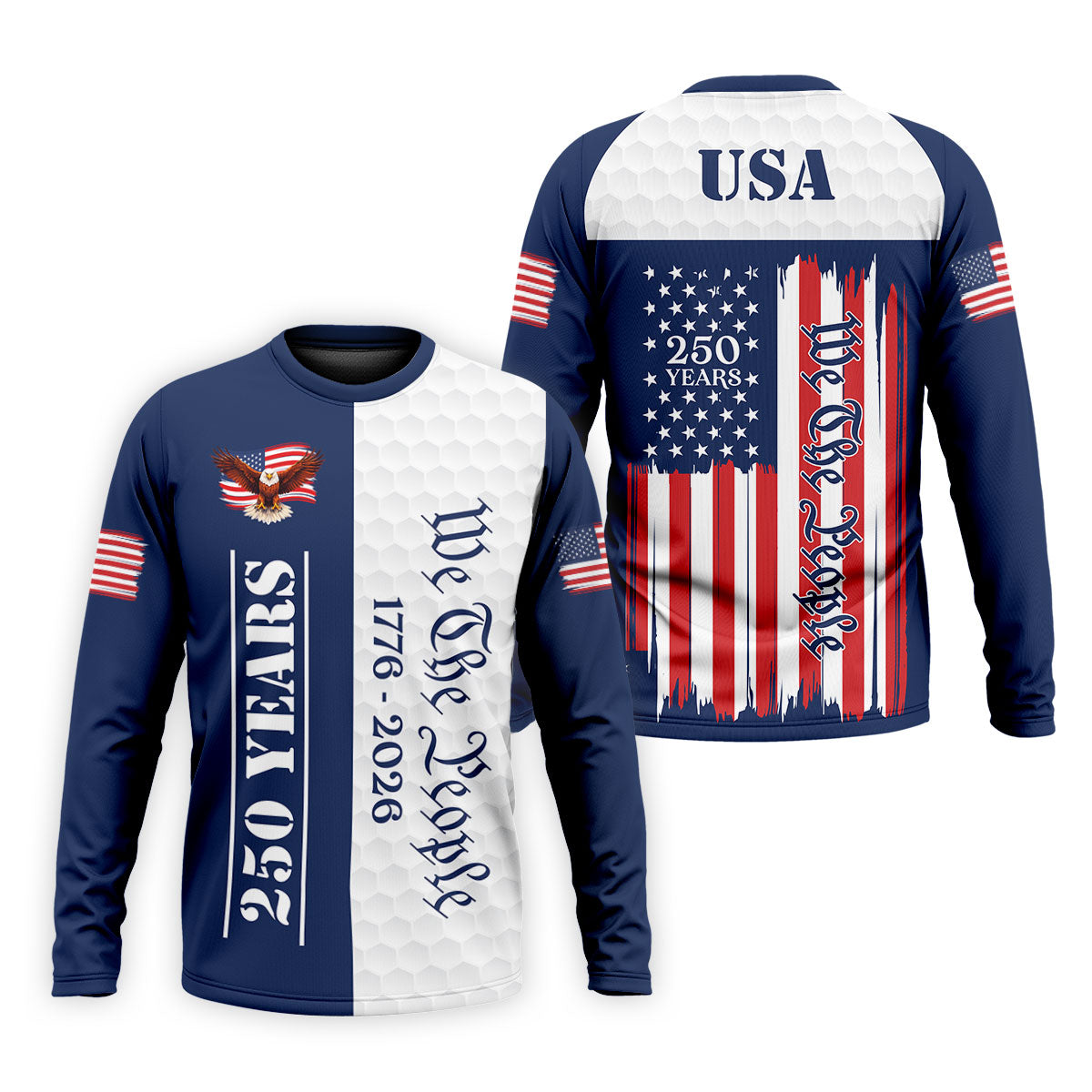 We The People Bald Eagle US Flag Golf Ball Pattern 250 Years Patriotic 4th Of July Golf Shirts For Men