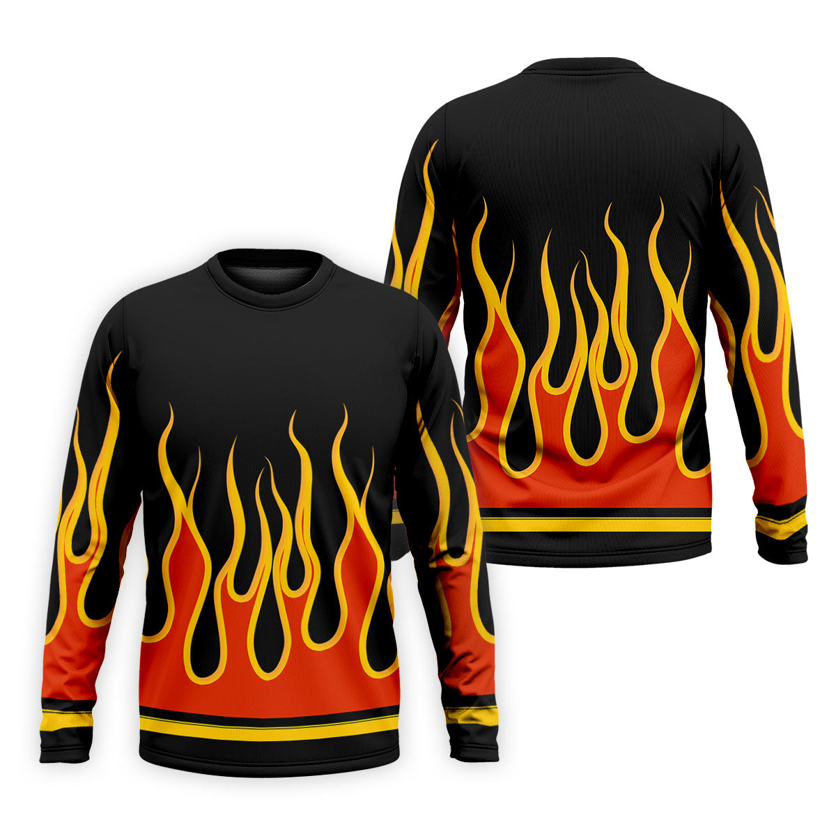 Black Orange Yellow Flame Sleeve Golf Shirt, Mens Golf Polo, Printed Golf Shirts