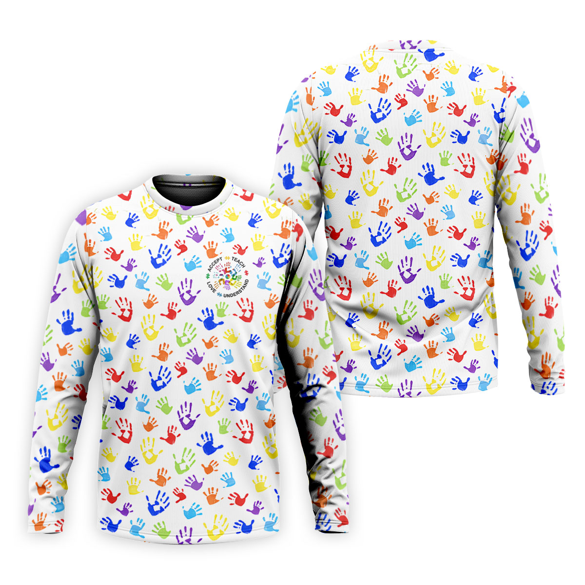 Accept Teach Understand Love Autism Awareness Colorful Handprint White Golf Shirt, Golf Shirts For Men