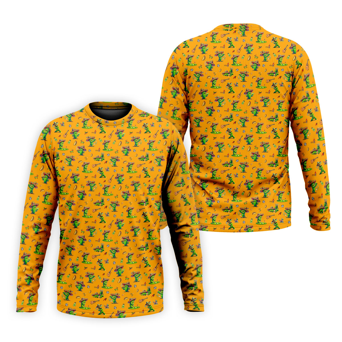 Cartoon Mustach Funny Cactus Cinco De Mayo Celebration Fiesta Themed Orange Golf Shirts For Men