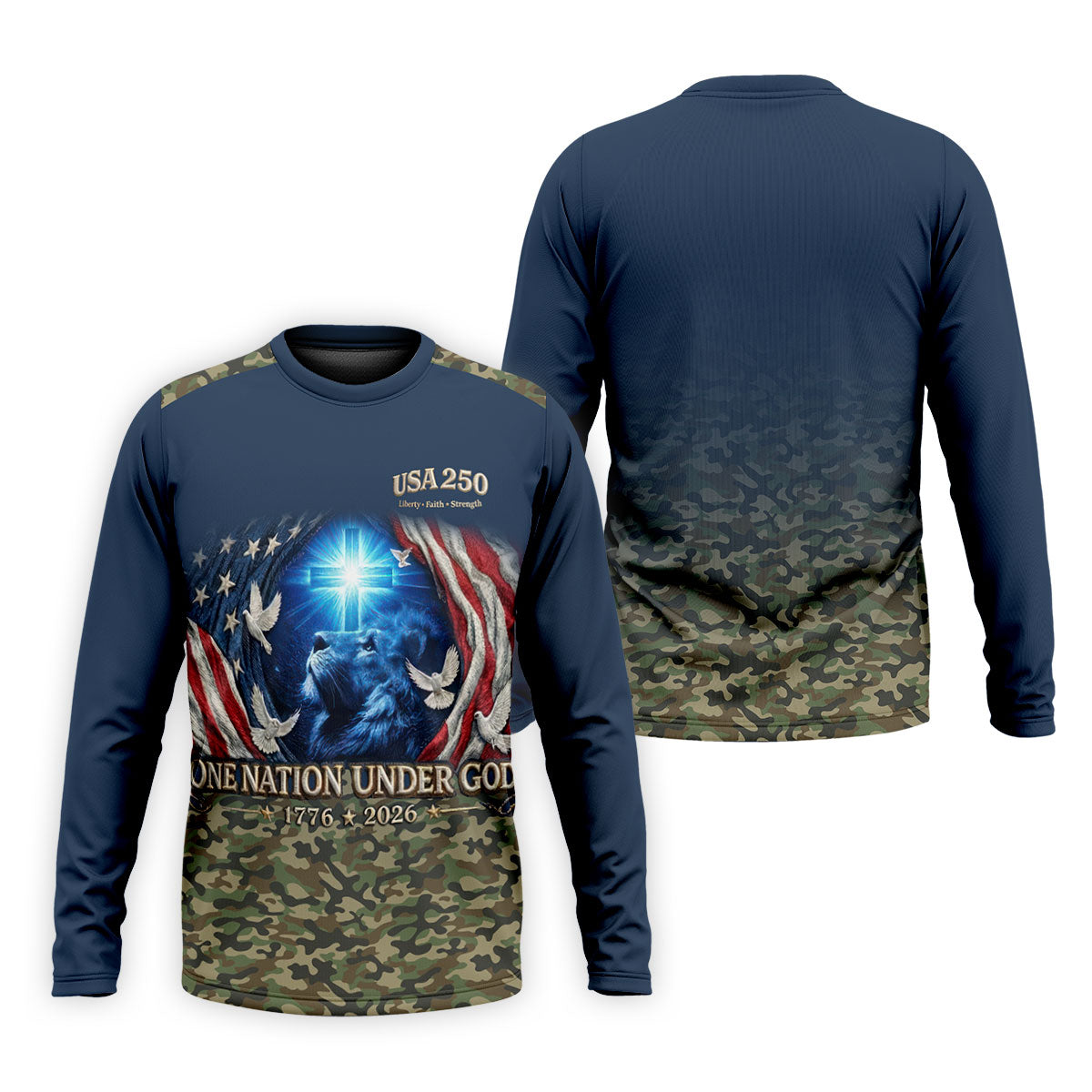 One Nation Under God Faith Cross USA 250 Navy Camo Golf Shirt, 4th Of July Golf Shirts For Men