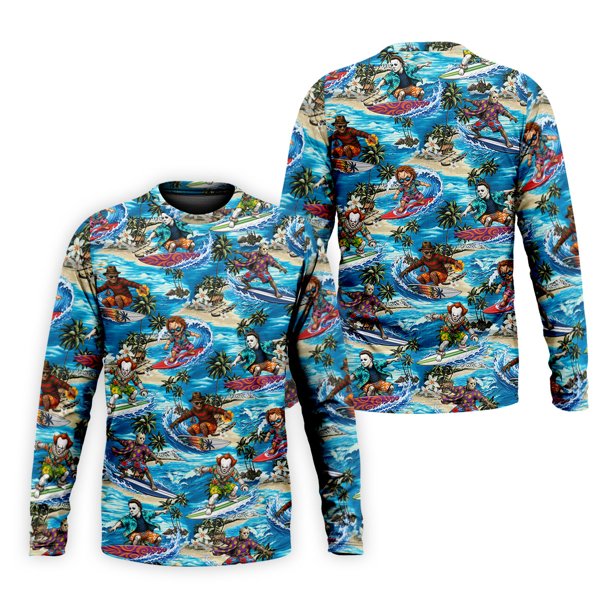 Horror Character Surfing Hawaiian Golf Shirt, Tropical Slasher Golf Shirt, Golf Shirts For Men
