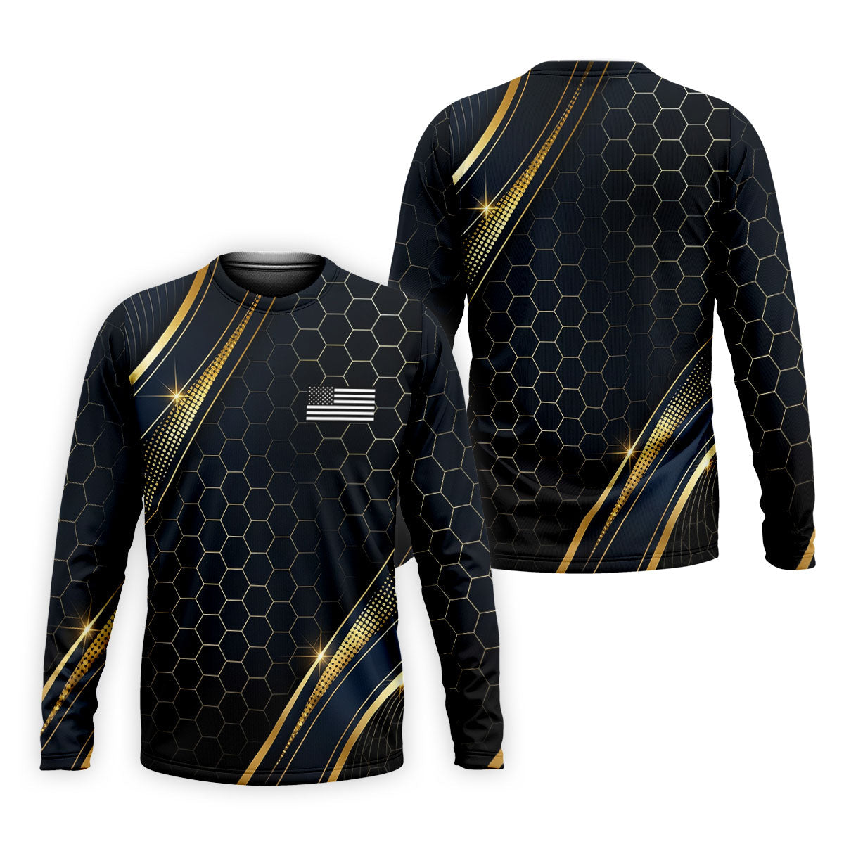 Gold Hexagonal US Flag Logo Retro Golf Shirt, 250 Years Patriotic 4th Of July Golf Shirts For Men