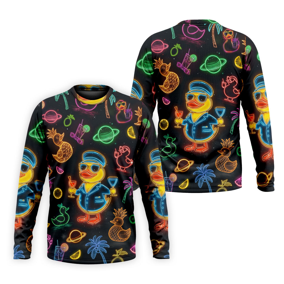 Jet Black Neon Duck Tropical Pattern Hawaiian Golf Shirt, Golf Shirts For Men, Polo Shirts For Men