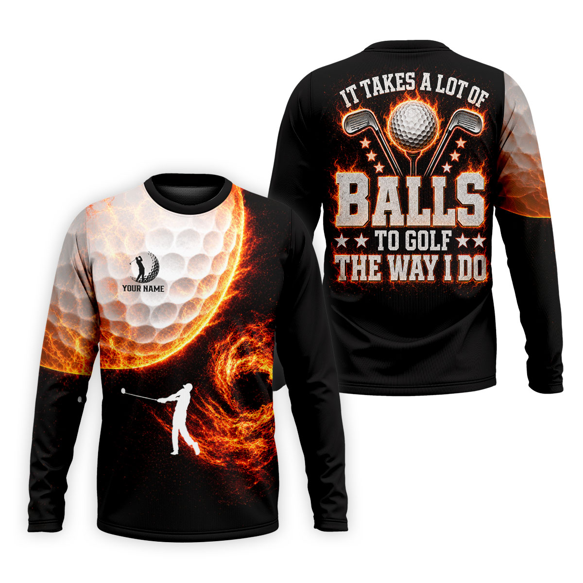 Custom Your Name Fire Golf Ball Polo Shirt, Golf Polo Shirts For Men, Mens Golf Apparel