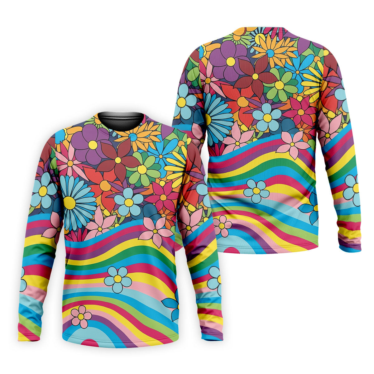 Retro Rainbow Floral Hippie Hawaiian Golf Shirt, Golf Polo Shirts For Men, Mens Golf Apparel
