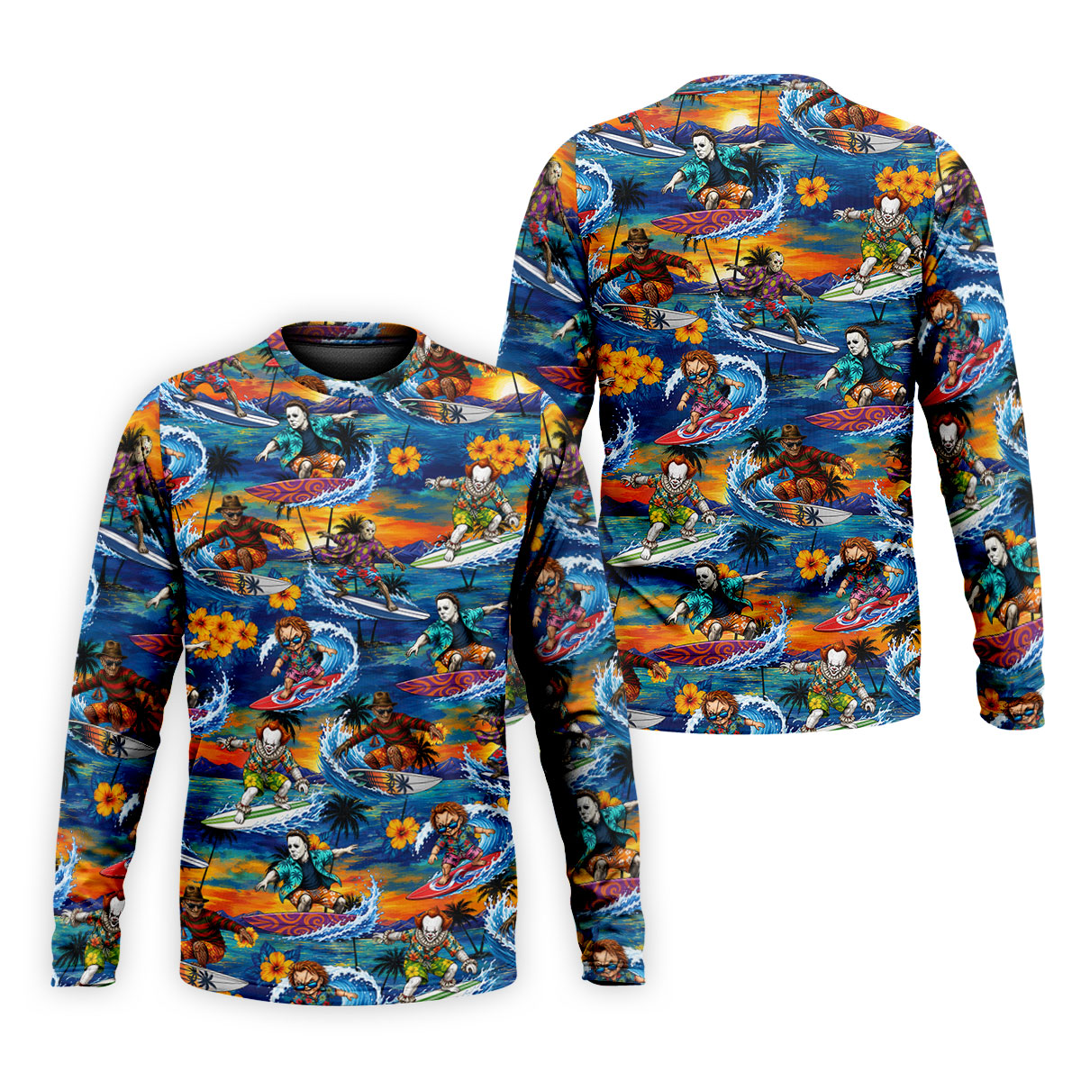 Retro Horror Character Villains Surfing Sunset Waves Golf Polo Shirt, Mens Golf Polo, Printed Golf Shirts