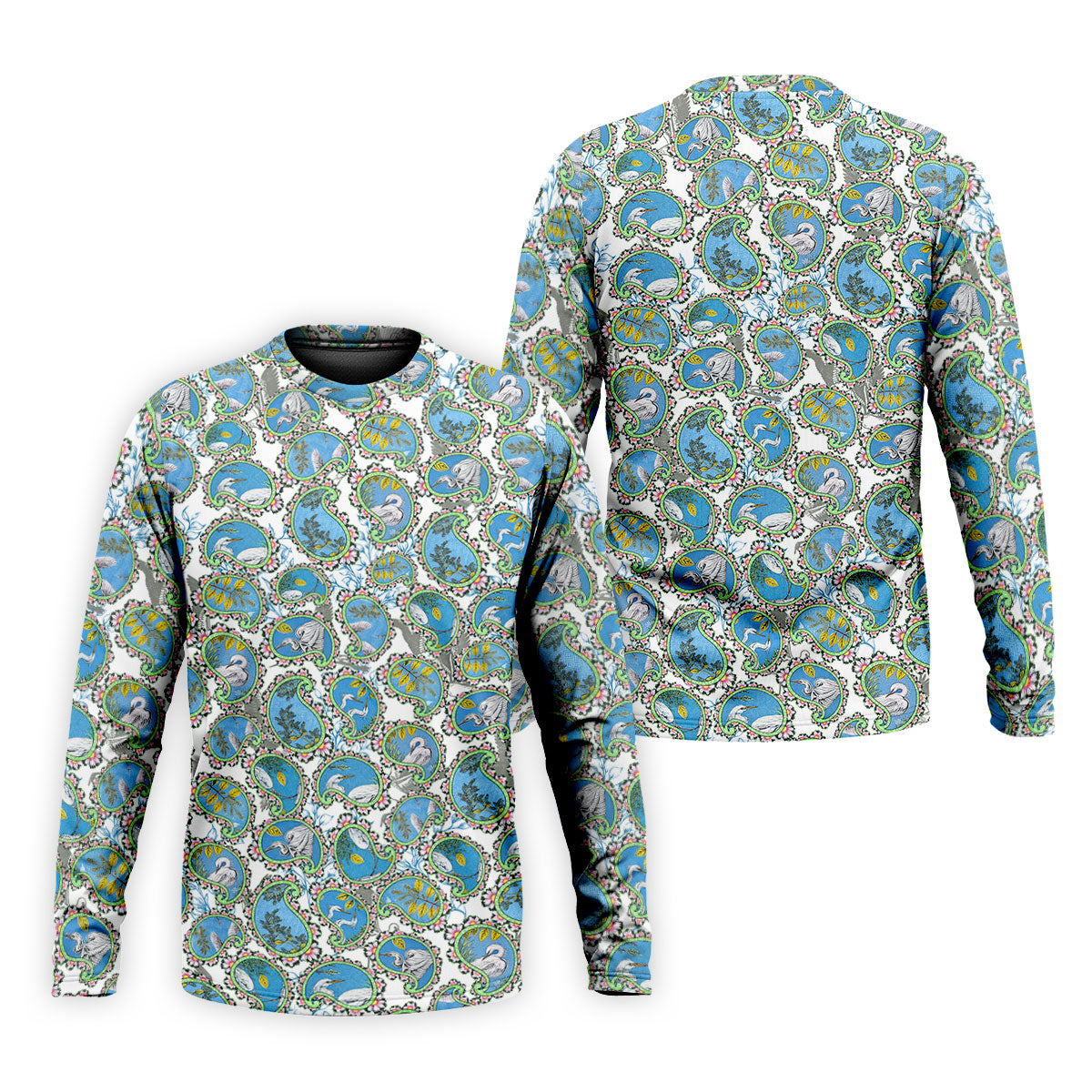 Paisley Flowers Heron Painting Print Golf Shirt, Polo Shirts For Men, Golf Shirts For Men