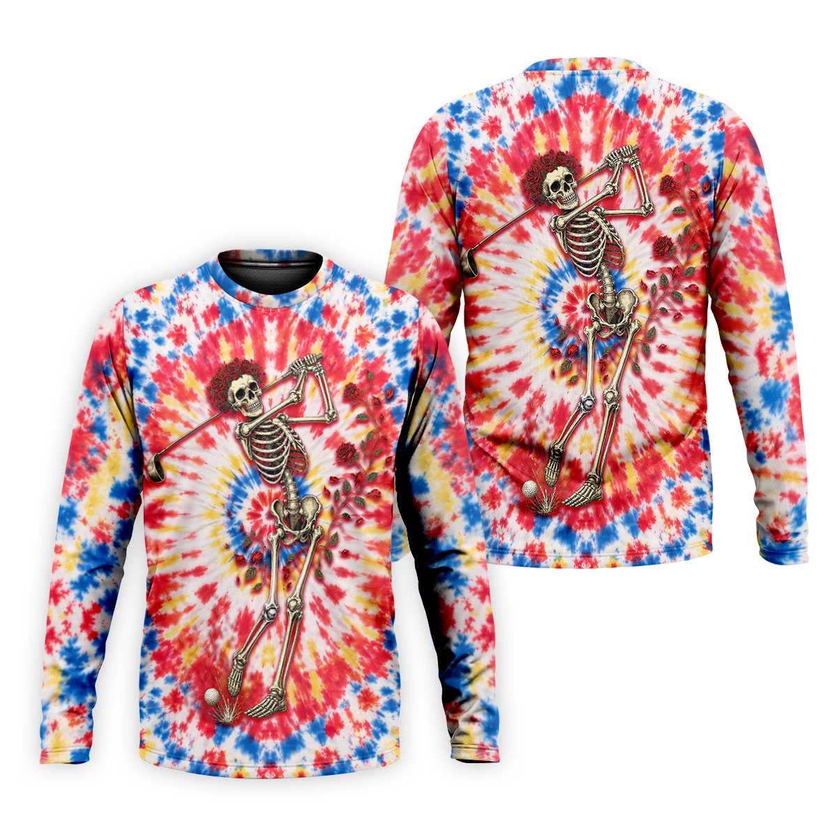 Skeleton Golfer Tie Dye Polo Shirt, Golf Apparel For Men, Golf Polo Shirts For Men
