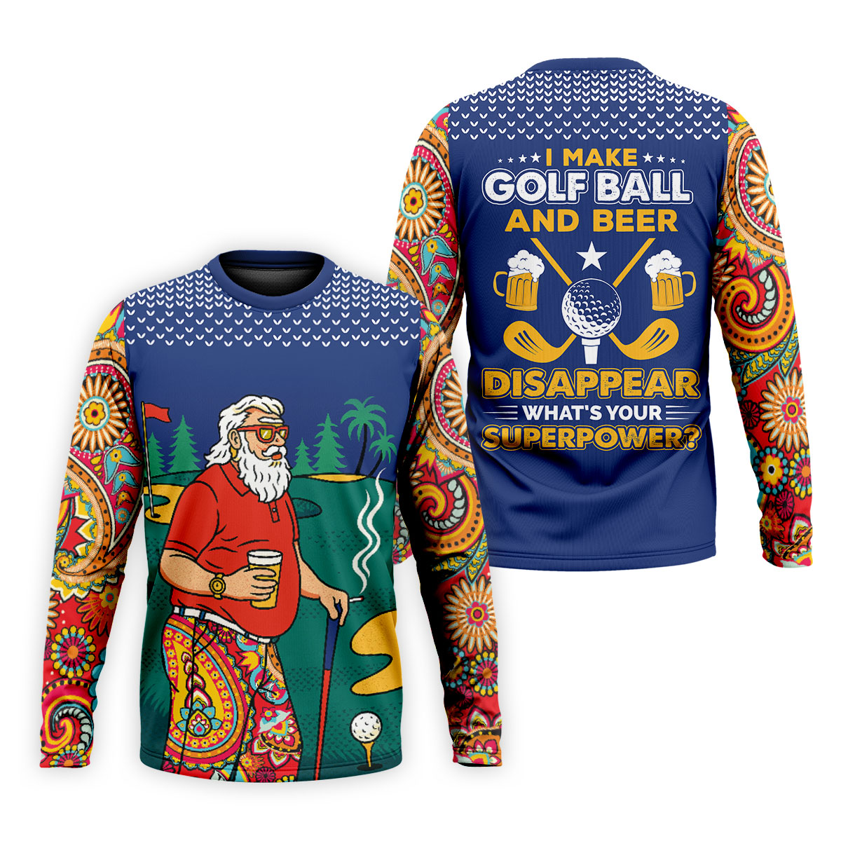 Funny Bearded Golfer Beer Lover Paisley Sleeve Golf Polo, Golf Polo Shirts For Men, Mens Golf Apparel