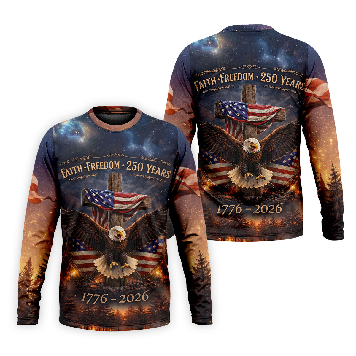 Faith Freedom 250 Years Galaxy Pattern US Flag Golf Shirt, Patriotic 4th Of July Golf Shirts For Men