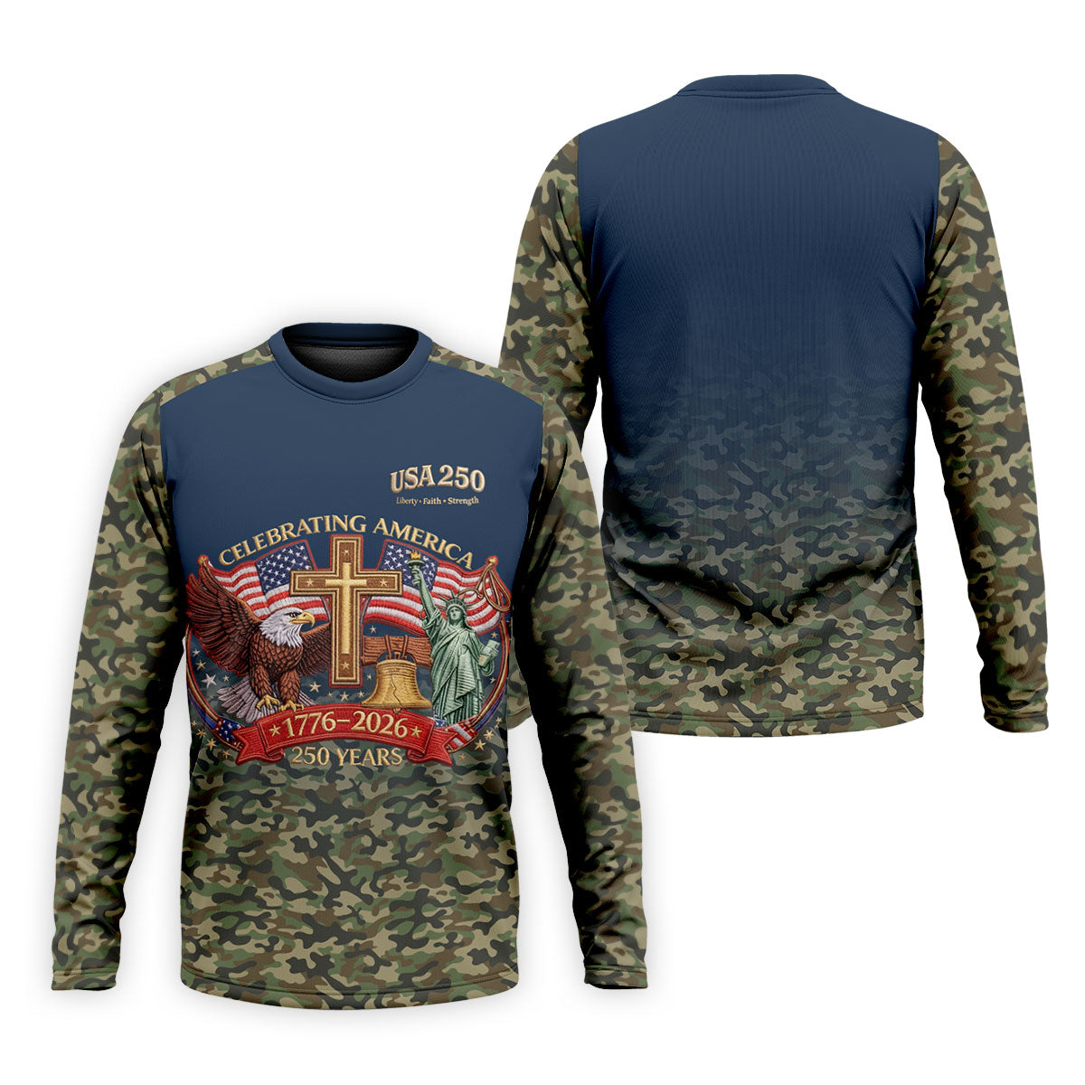 Liberty Faith Strength Faith Cross USA 250 Navy Camo Golf Shirt, 4th Of July Golf Shirts For Men