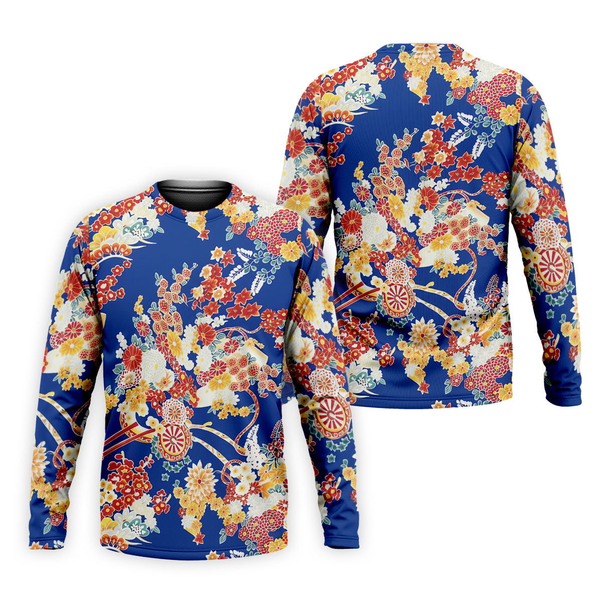 Royal Blue Japanese Floral Pattern Golf Shirt, Mens Golf Apparel, Printed Golf Shirts