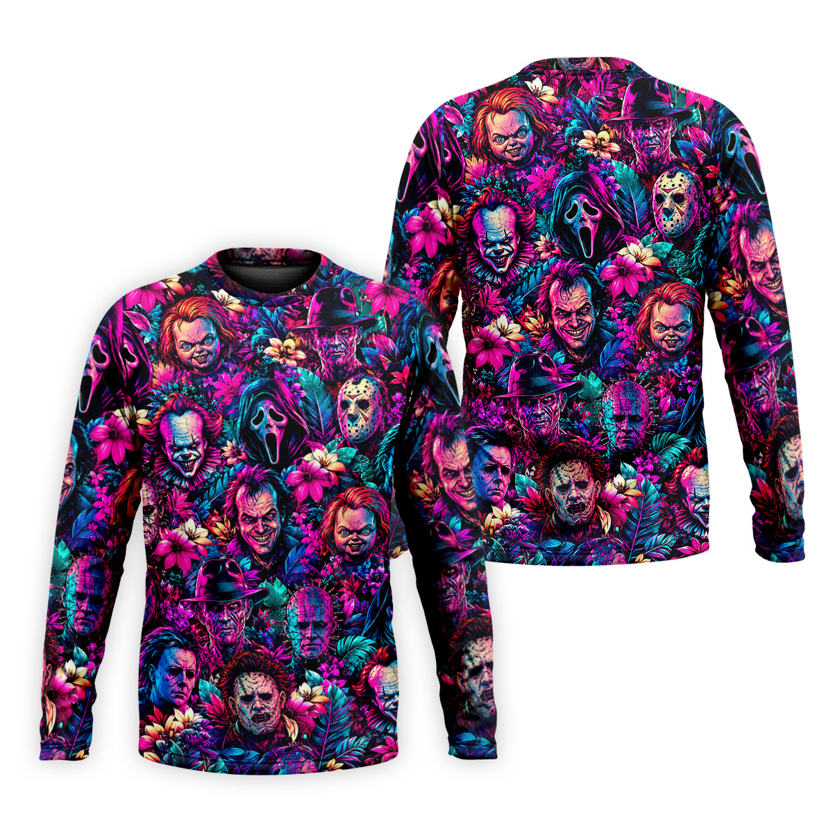 Neon Floral Horror Character Halloween Golf Shirt, Golf Shirts For Men, Mens Golf Apparel