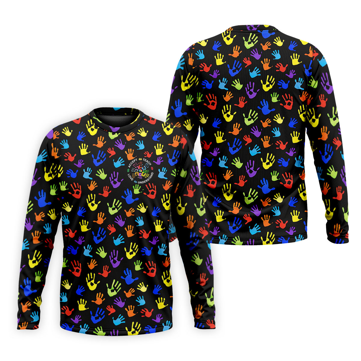 Accept Teach Understand Love Autism Awareness Colorful Handprint Black Golf Shirt, Golf Shirts For Men