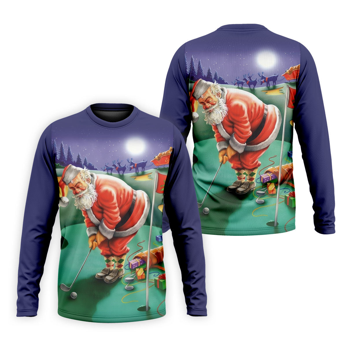 Men's Santa Night Golf Scene Golf Shirt, Christmas Golf Shirt, Golf Apparel For Men