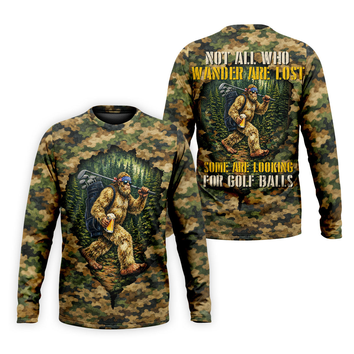 Camo Bigfoot Golfer Drinking Beer Polo Shirt, Mens Golf Shirts, Golf Apparel For Men