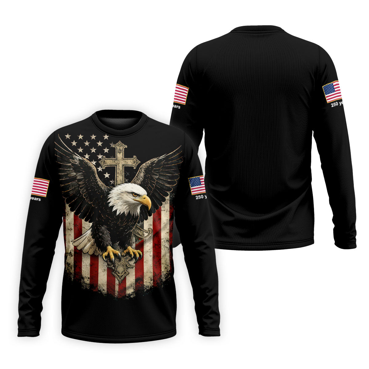 Faith Cross Bald Eagle And US Flag Black Golf Shirt, Patriotic 4th Of July Golf Shirts For Men