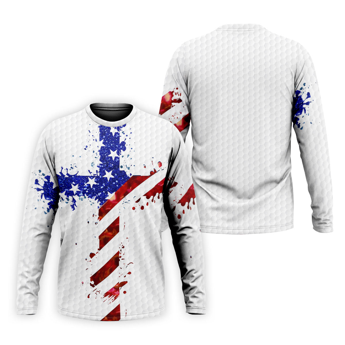 Red White Blue Paint Splash Faith Cross Patriotic Golf Shirt, 250 Years 4th Of July Golf Shirts For Men