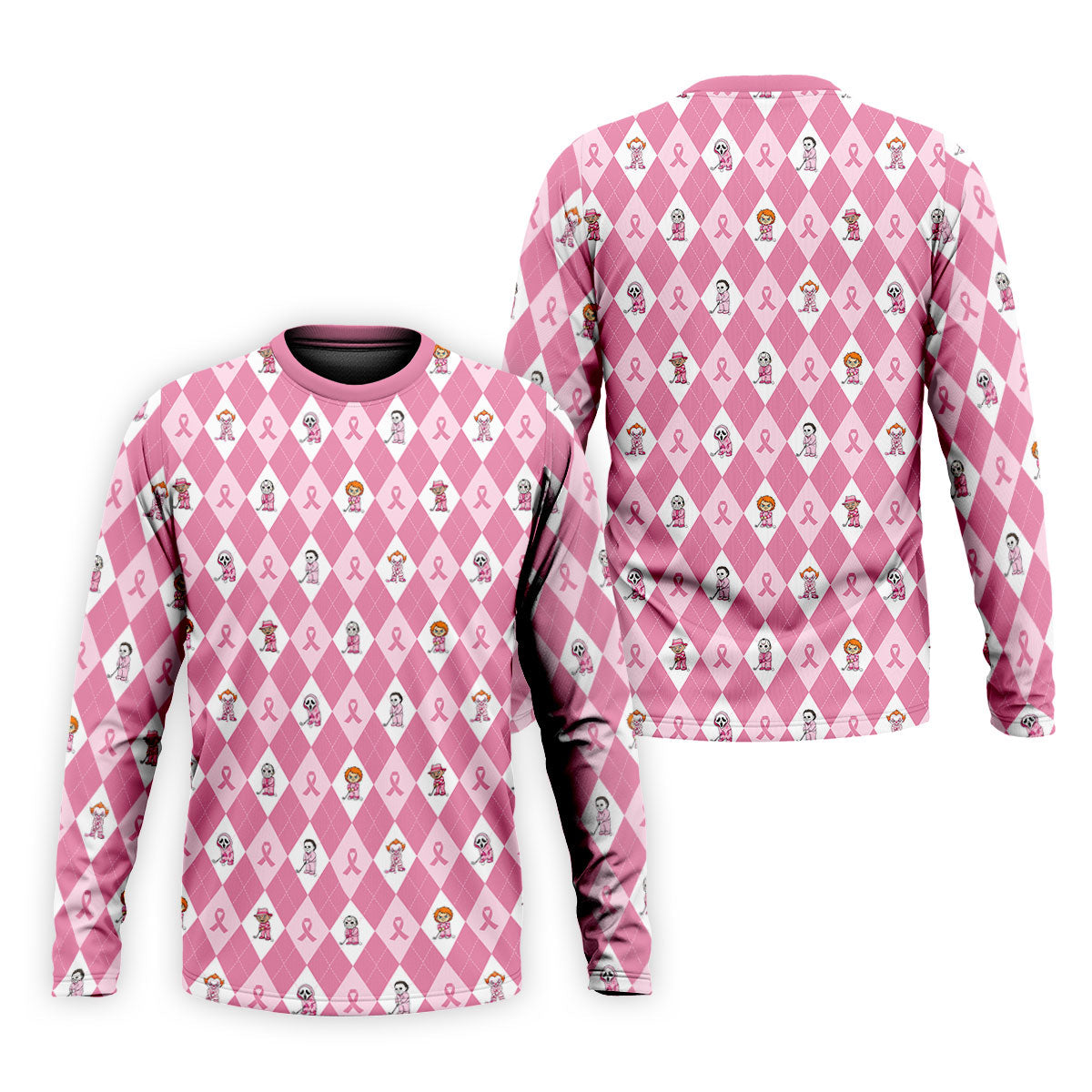 Pink Argyle Horror Character Breast Cancer Polo Shirt, Golf Shirts For Men, Mens Golf Shirts