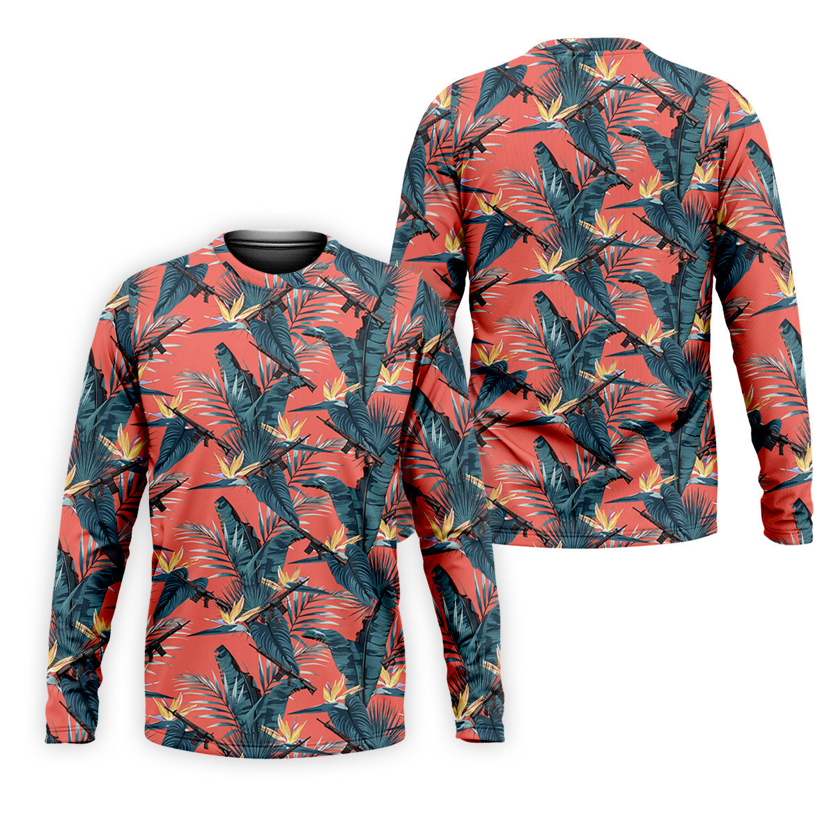Tropical Palm Leaf And Rifle Pattern Coral Golf Polo, Printed Golf Shirts, Golf Apparel For Men