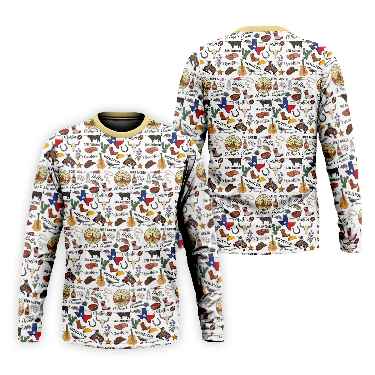Texas Symbols Western Theme Doodle Style Golf Tops For Men, Polo Shirts For Men, Golf Shirts For Men