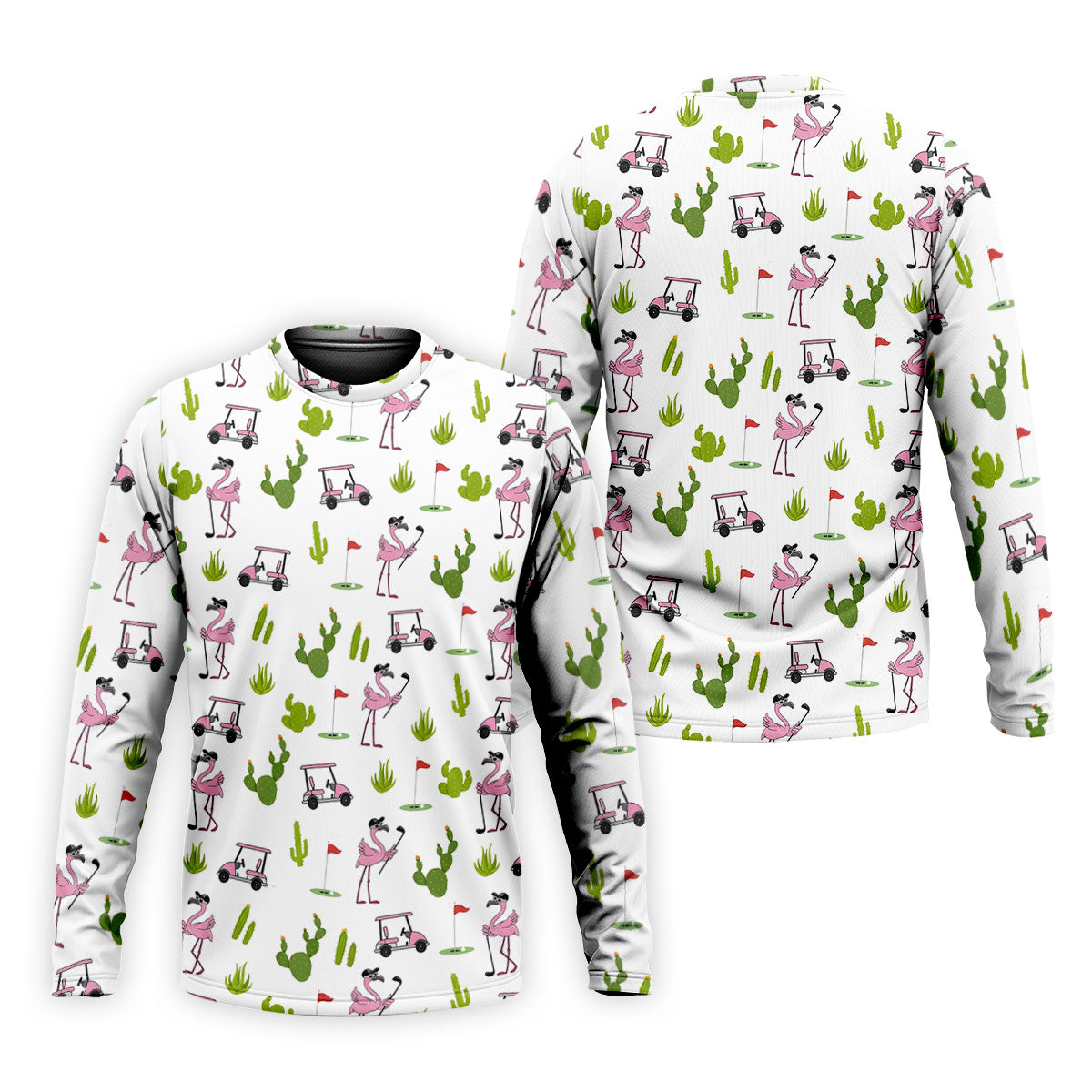 Pink Flamingo Golf Cart Cactus Hawaiian Golf Shirt, Mens Golf Polo, Golf Apparel For Men