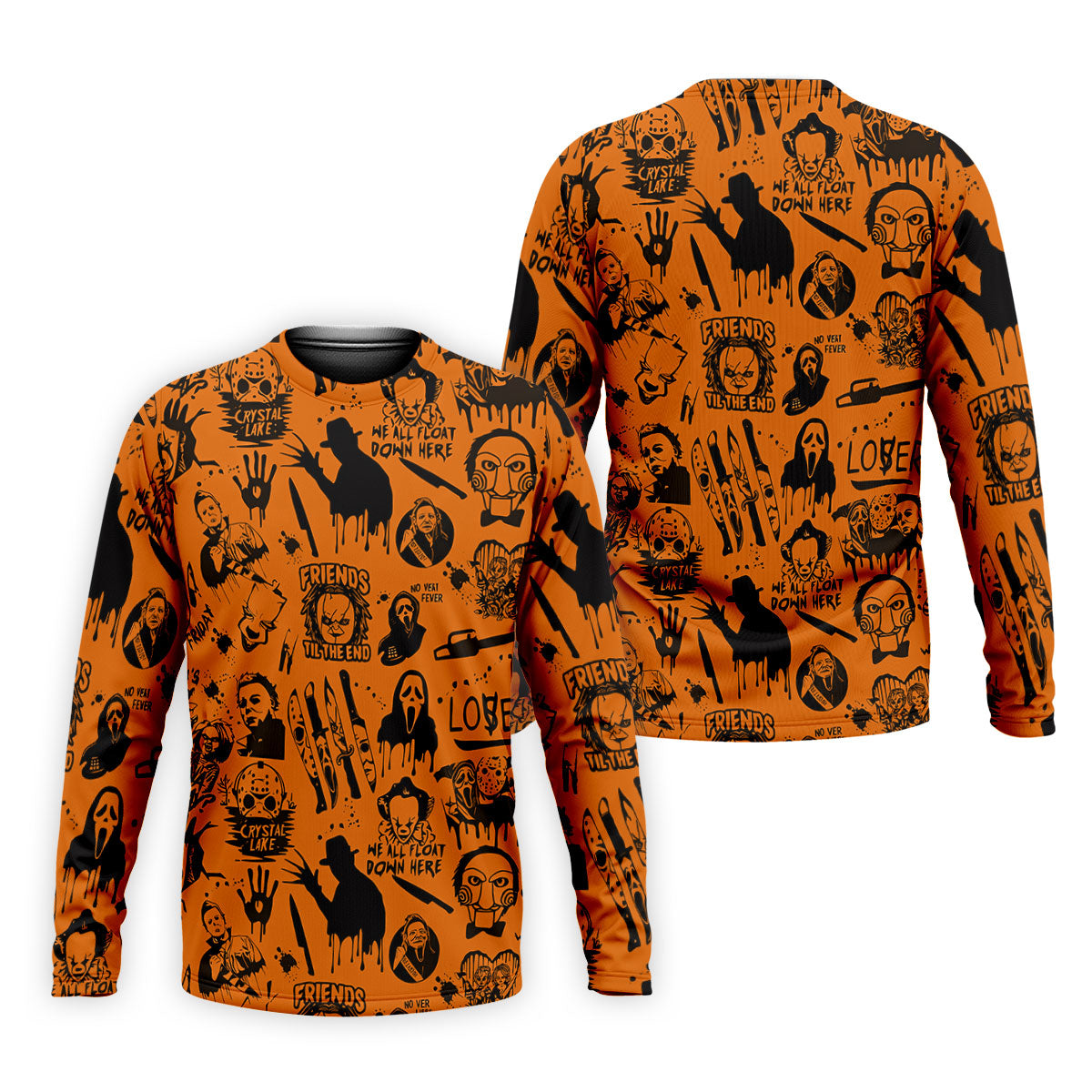Orange Horror Character Icons Pattern Golf Polo Shirt for Halloween, Mens Golf Polo, Printed Golf Shirts