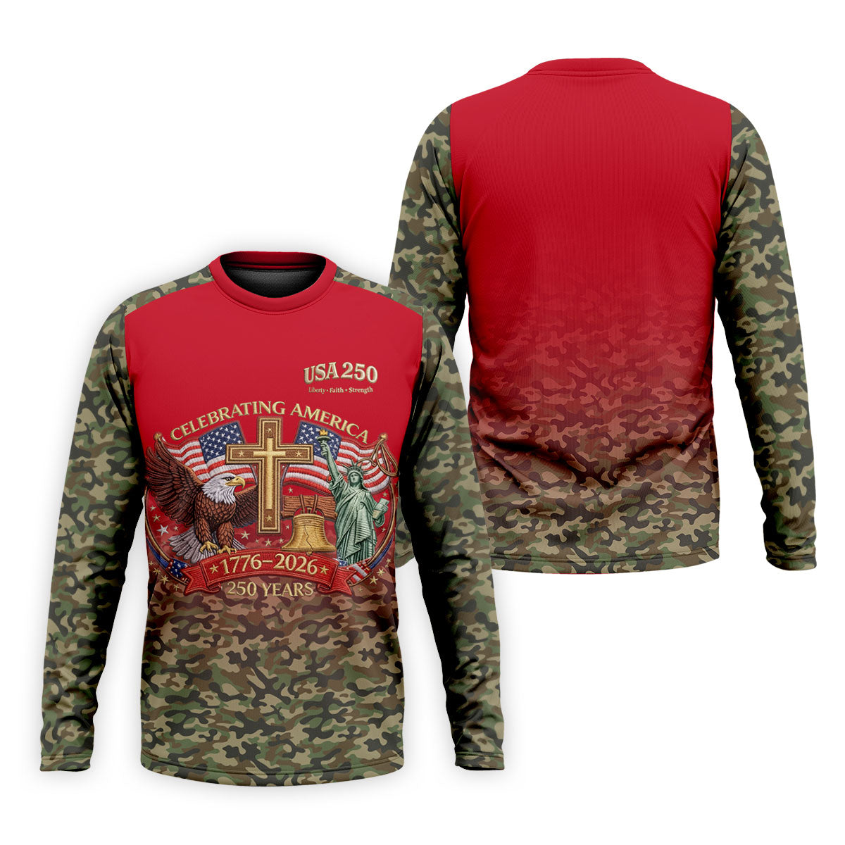 Liberty Faith Strength Faith Cross USA 250 Red Camo Golf Shirt, 4th Of July Golf Shirts For Men