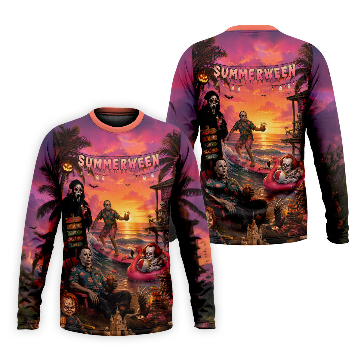 Summerween Halloween Horror Character Golf Shirt, Printed Golf Shirts, Hawaiian Golf Shirt